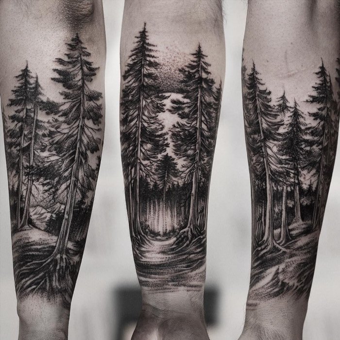 Татуировка лес на руке