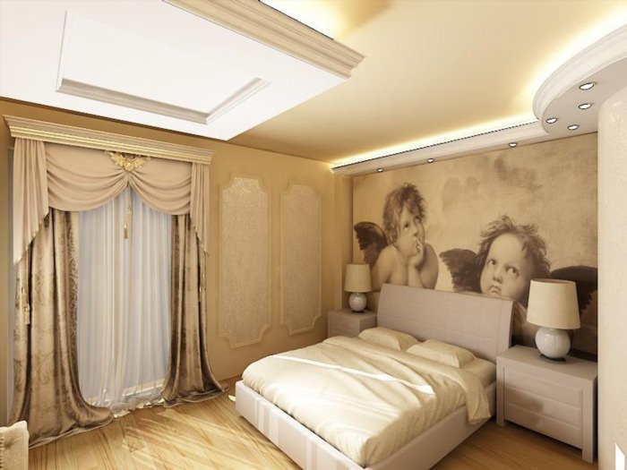 Дизайн спальни с фреской над кроватью
