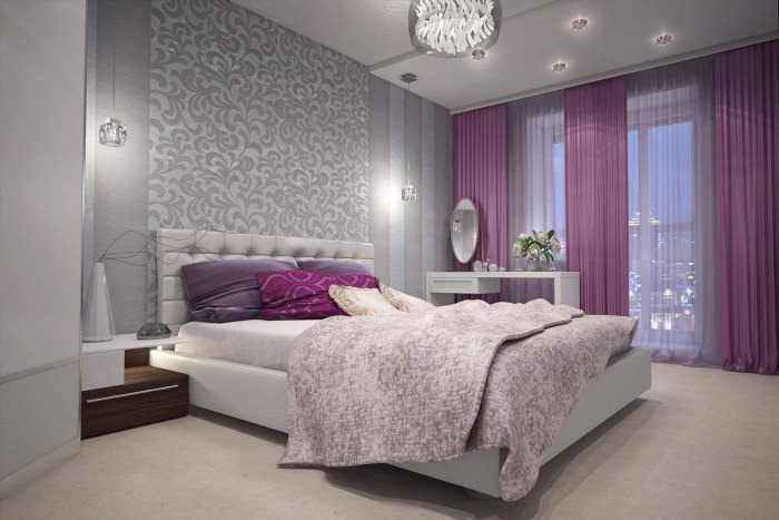 Спальня в серо фиолетовых тонах
