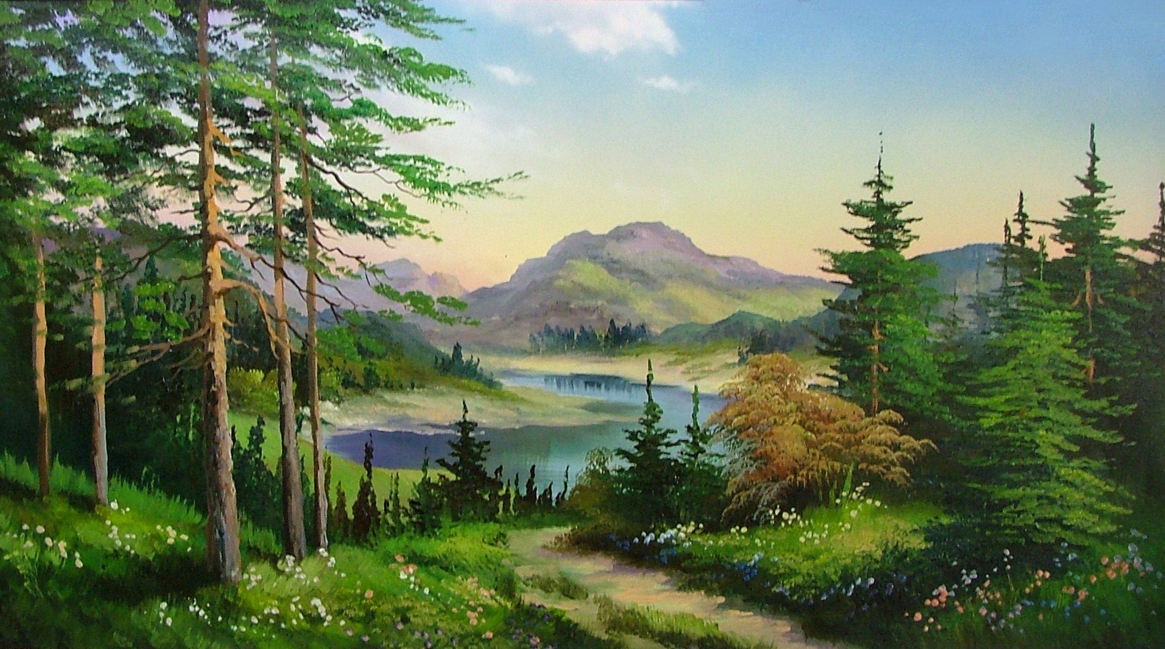 Пейзаж видео. Горы река деревья Ольга Базанова. Природа маслом. Природа маслом на холсте. Картина лес и горы.